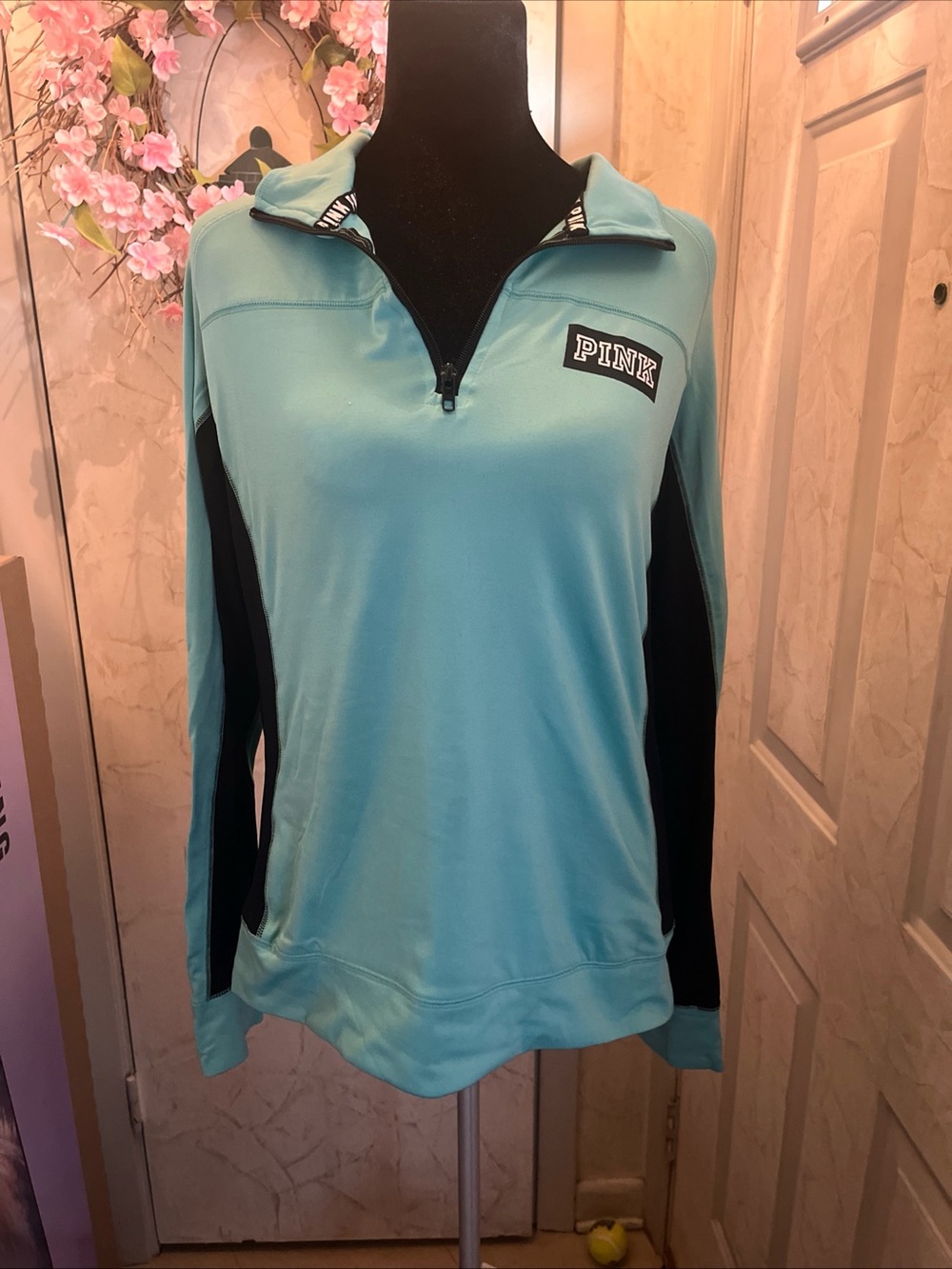 PINK Victoria's Secret Aqua and Black Quarter-Zip Pullover